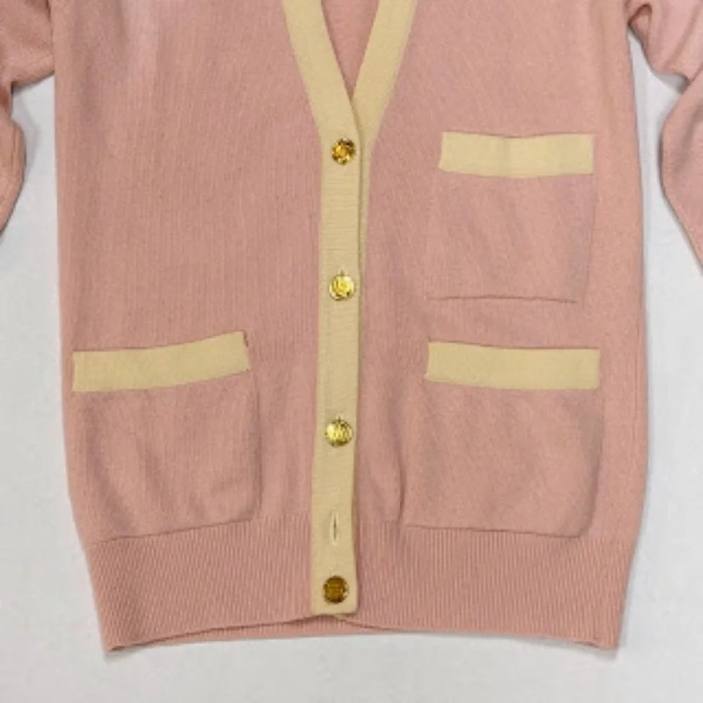 CHANEL Pink Sweater with Cream Trim Cashmere-Blend Cardigan